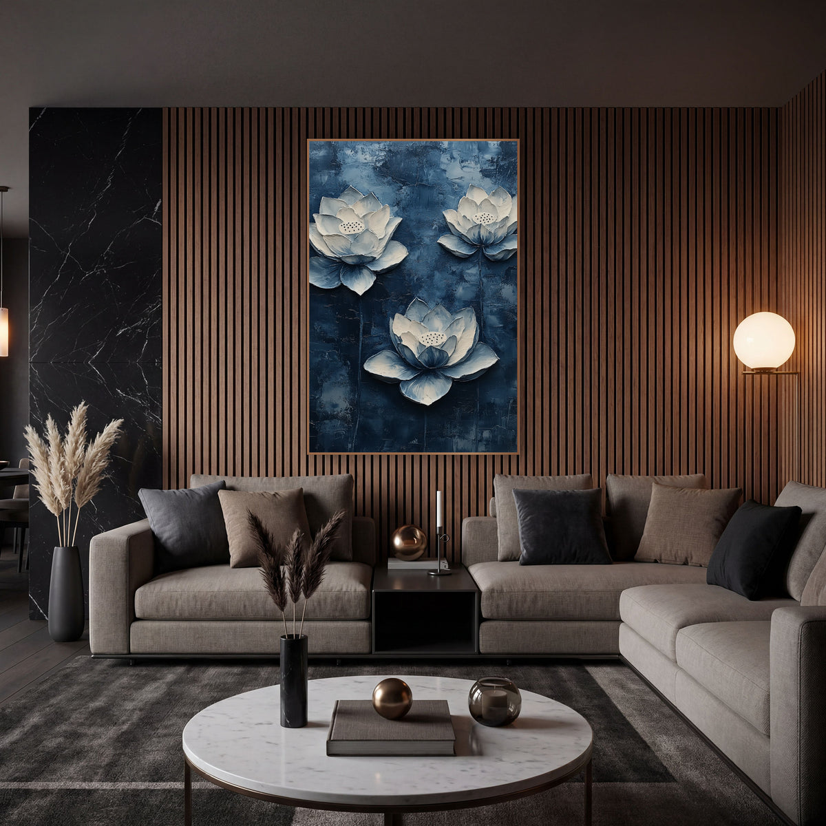 Sculpted Indigo Lotus Palette Knife wall art in an elegant modern room – three cream and pale blue lotus flowers