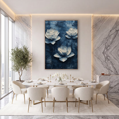 Sculpted Indigo Lotus Palette Knife wall art in an elegant modern room – three cream and pale blue lotus flowers