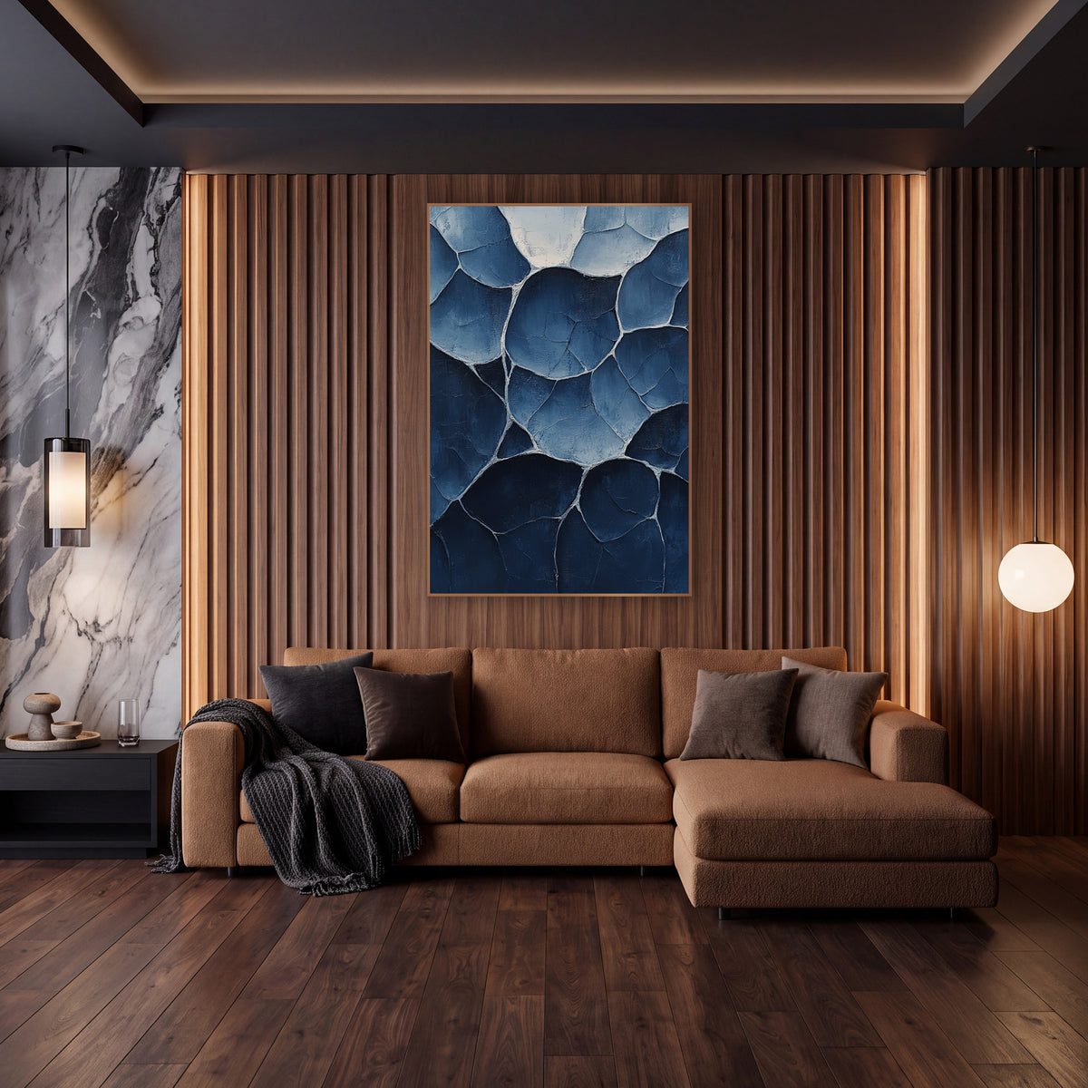 Indigo Rounded Shapes Abstract wall art in an elegant modern room – abstract rounded pod shapes with pale outlines