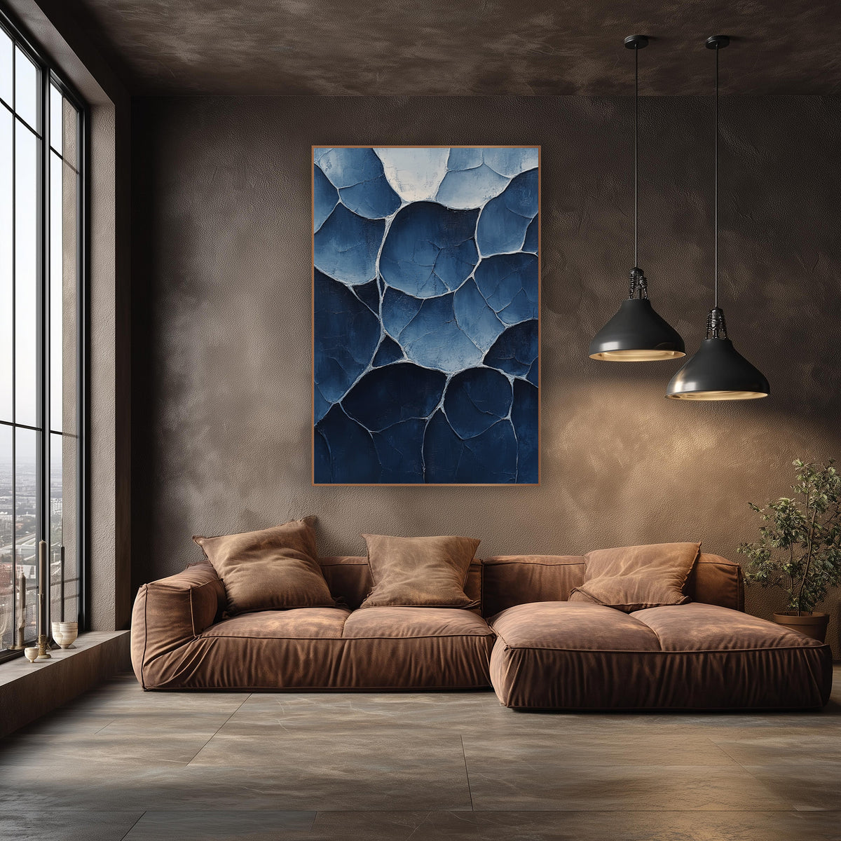 Indigo Rounded Shapes Abstract wall art in an elegant modern room – abstract rounded pod shapes with pale outlines