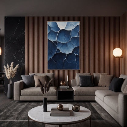 Indigo Rounded Shapes Abstract wall art in an elegant modern room – abstract rounded pod shapes with pale outlines