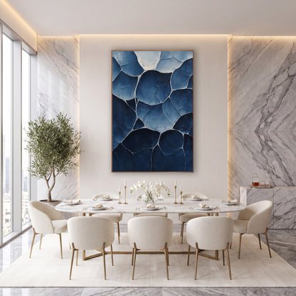 Indigo Rounded Shapes Abstract wall art in an elegant modern room – abstract rounded pod shapes with pale outlines