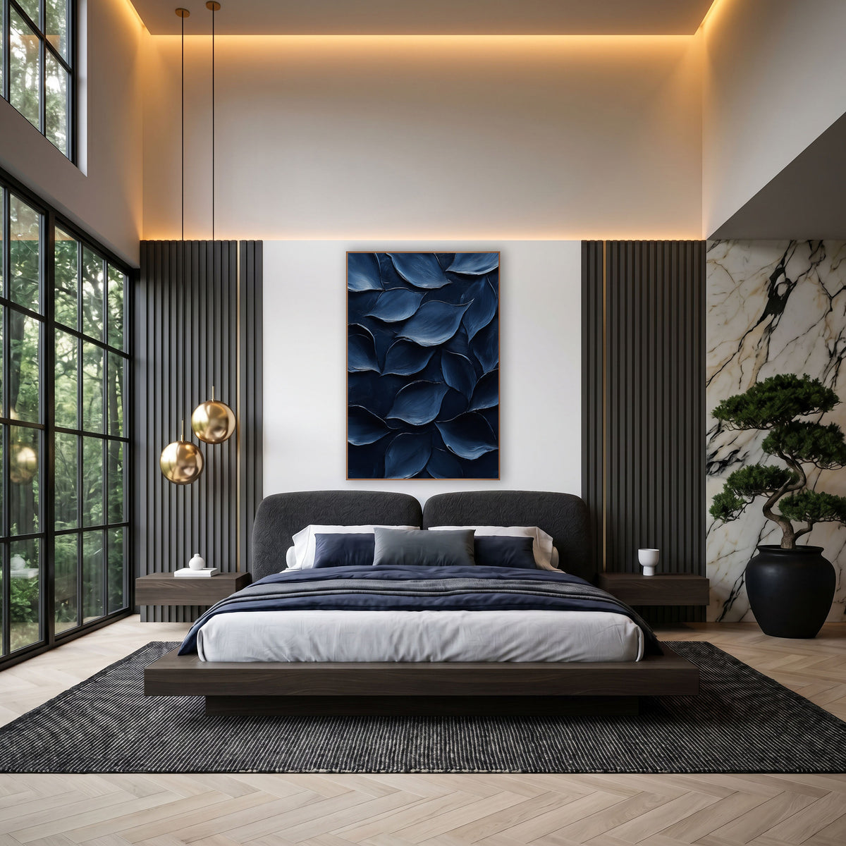 Midnight Blue Petal Forms Abstract wall art in an elegant modern room – abstract overlapping petal shapes in navy