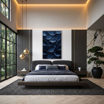 Midnight Blue Petal Forms Abstract wall art in an elegant modern room – abstract overlapping petal shapes in navy