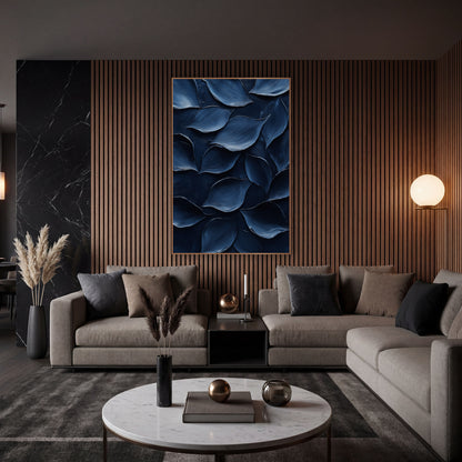 Midnight Blue Petal Forms Abstract wall art in an elegant modern room – abstract overlapping petal shapes in navy