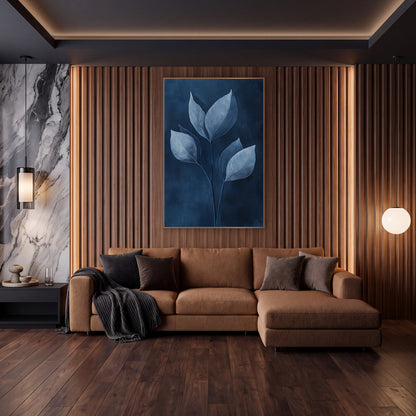 Indigo Leaf Study Botanical wall art in an elegant modern room – six pale blue-white leaves on thin curved stems