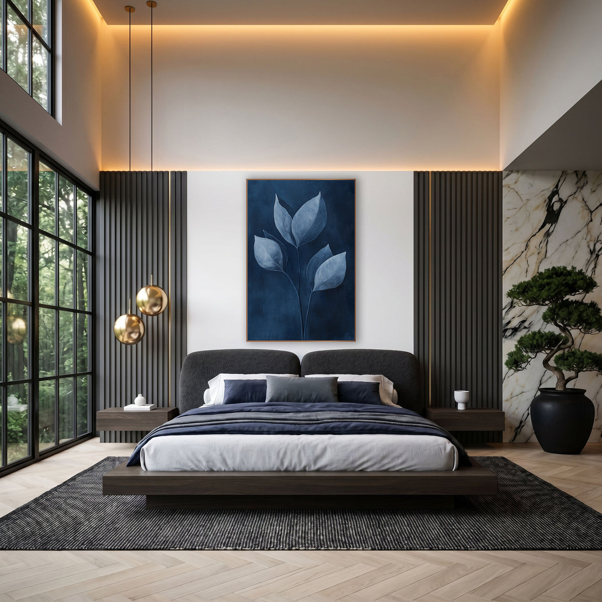 Indigo Leaf Study Botanical wall art in an elegant modern room – six pale blue-white leaves on thin curved stems