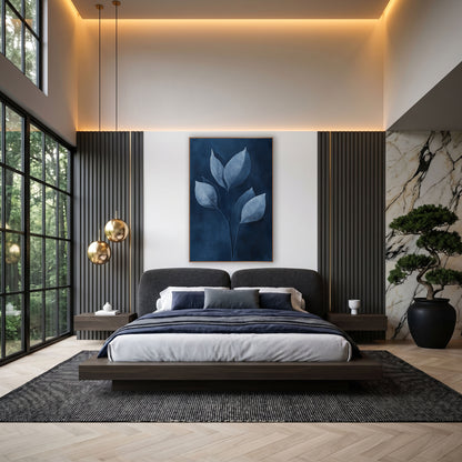 Indigo Leaf Study Botanical wall art in an elegant modern room – six pale blue-white leaves on thin curved stems