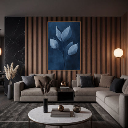 Indigo Leaf Study Botanical wall art in an elegant modern room – six pale blue-white leaves on thin curved stems