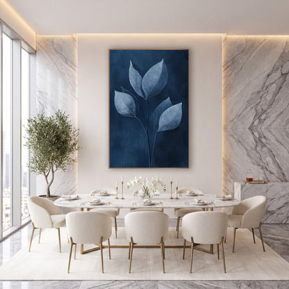 Indigo Leaf Study Botanical wall art in an elegant modern room – six pale blue-white leaves on thin curved stems