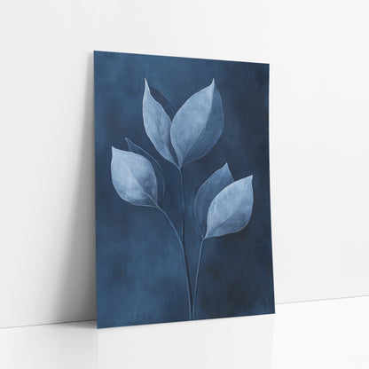 Indigo Leaf Study Botanical art print leaning against a white wall – six pale blue-white leaves on thin curved stems