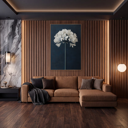 Pale Agapanthus Crown Smooth Navy wall art in an elegant modern room – white agapanthus flower globe on a tall