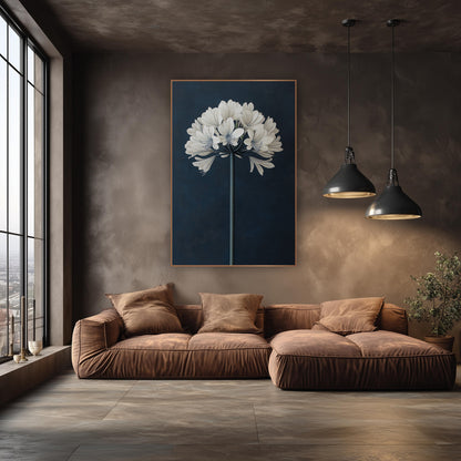 Pale Agapanthus Crown Smooth Navy wall art in an elegant modern room – white agapanthus flower globe on a tall