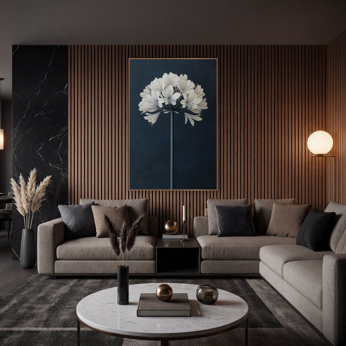 Pale Agapanthus Crown Smooth Navy wall art in an elegant modern room – white agapanthus flower globe on a tall