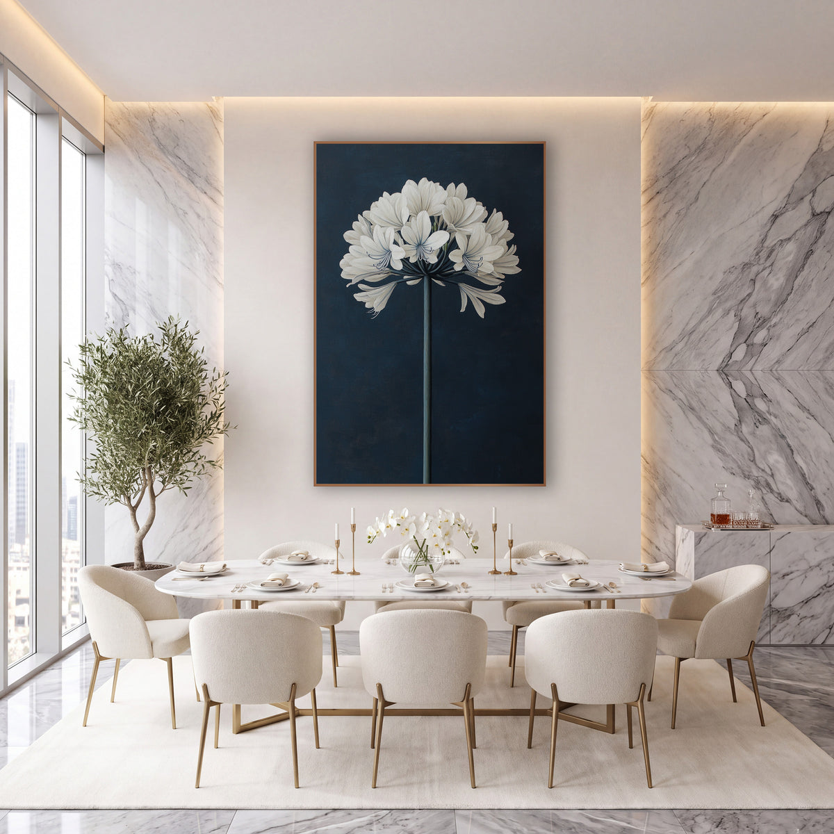Pale Agapanthus Crown Smooth Navy wall art in an elegant modern room – white agapanthus flower globe on a tall