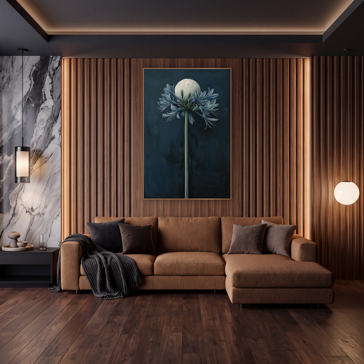 Midnight Blue Agapanthus Moon Botanical wall art in an elegant modern room – tall agapanthus with slate-blue petals