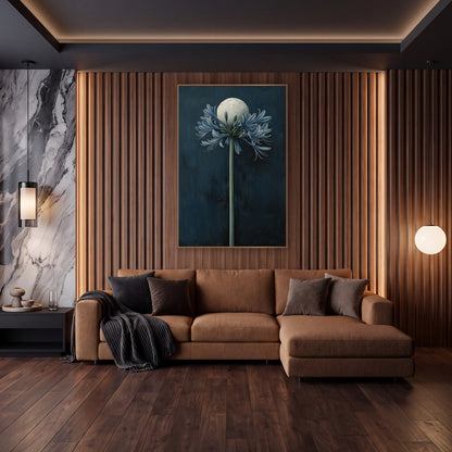 Midnight Blue Agapanthus Moon Botanical wall art in an elegant modern room – tall agapanthus with slate-blue petals