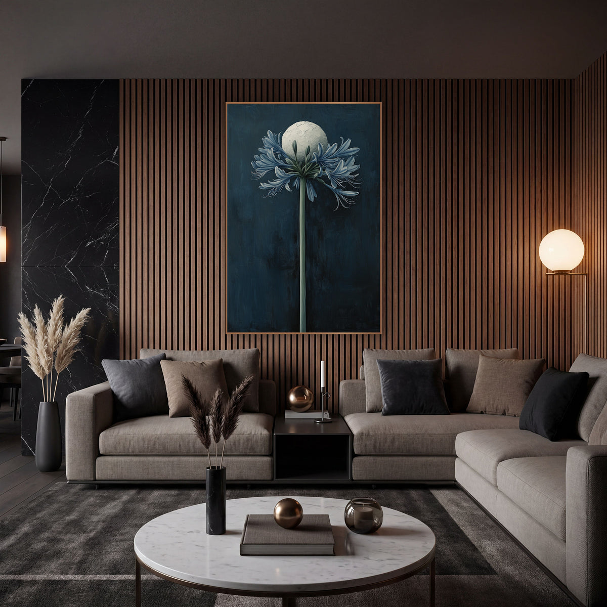 Midnight Blue Agapanthus Moon Botanical wall art in an elegant modern room – tall agapanthus with slate-blue petals