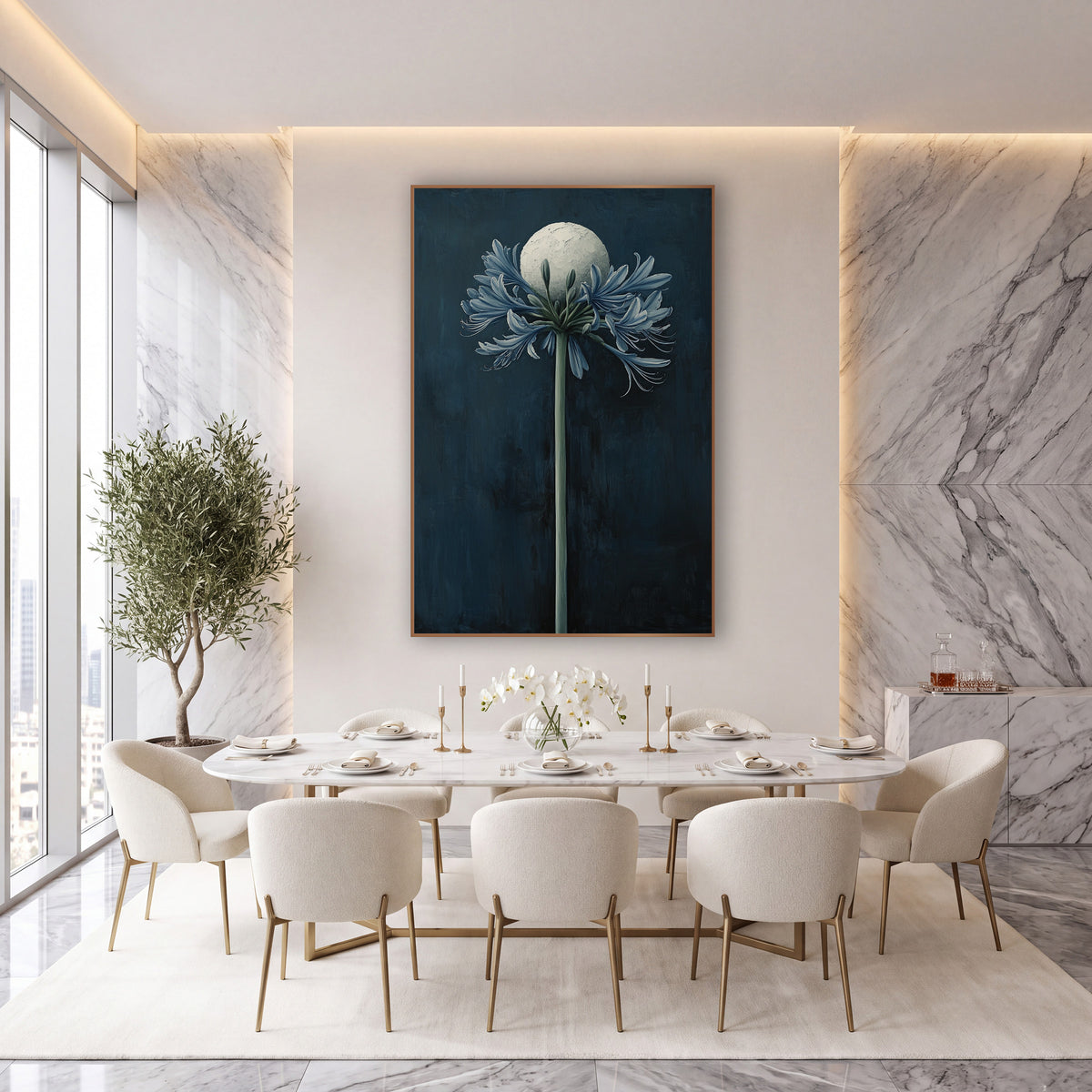 Midnight Blue Agapanthus Moon Botanical wall art in an elegant modern room – tall agapanthus with slate-blue petals