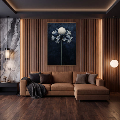 Navy Agapanthus Moon Floral wall art in an elegant modern room – tall agapanthus with blue-gray flowers and a pale