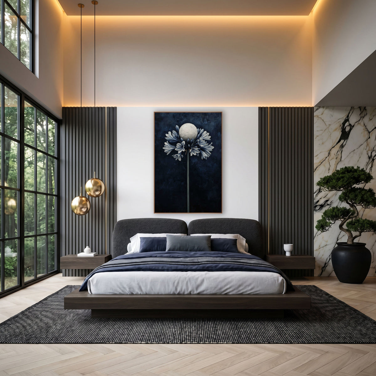 Navy Agapanthus Moon Floral wall art in an elegant modern room – tall agapanthus with blue-gray flowers and a pale