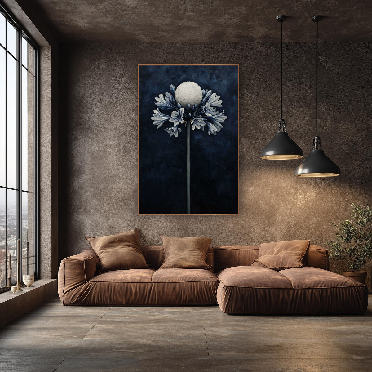 Navy Agapanthus Moon Floral wall art in an elegant modern room – tall agapanthus with blue-gray flowers and a pale