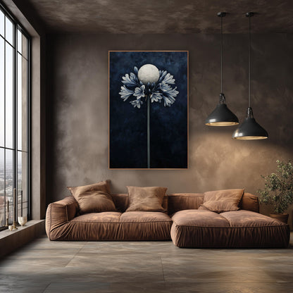 Navy Agapanthus Moon Floral wall art in an elegant modern room – tall agapanthus with blue-gray flowers and a pale