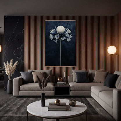 Navy Agapanthus Moon Floral wall art in an elegant modern room – tall agapanthus with blue-gray flowers and a pale