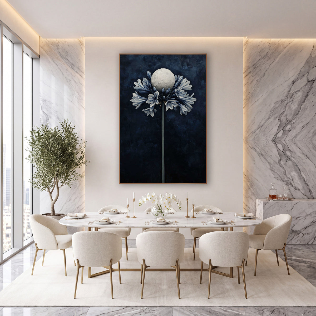 Navy Agapanthus Moon Floral wall art in an elegant modern room – tall agapanthus with blue-gray flowers and a pale