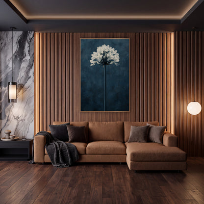 White Agapanthus Navy Botanical Modern wall art in an elegant modern room – white agapanthus flower cluster on a tall