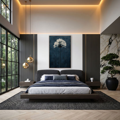 White Agapanthus Navy Botanical Modern wall art in an elegant modern room – white agapanthus flower cluster on a tall