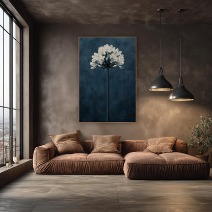 White Agapanthus Navy Botanical Modern wall art in an elegant modern room – white agapanthus flower cluster on a tall