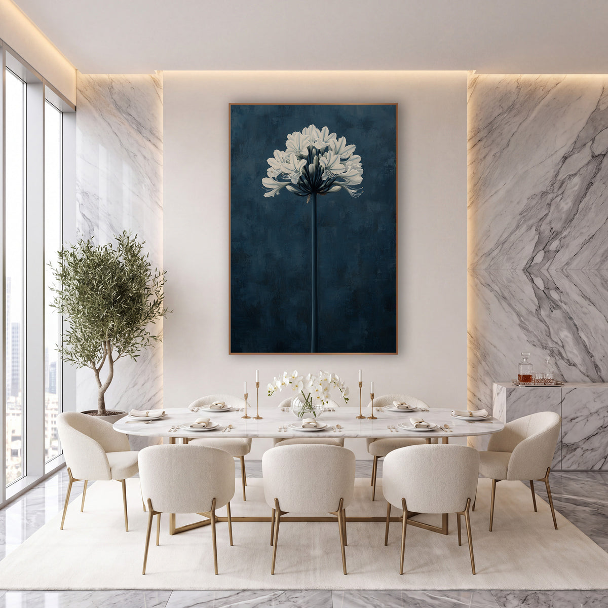 White Agapanthus Navy Botanical Modern wall art in an elegant modern room – white agapanthus flower cluster on a tall