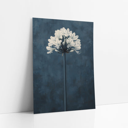 White Agapanthus Navy Botanical Modern art print leaning against a white wall – white agapanthus flower cluster on a tall