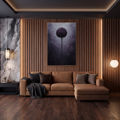 Plum Allium Globe Moody Botanical wall art in an elegant modern room – single dark purple allium globe on a tall stem
