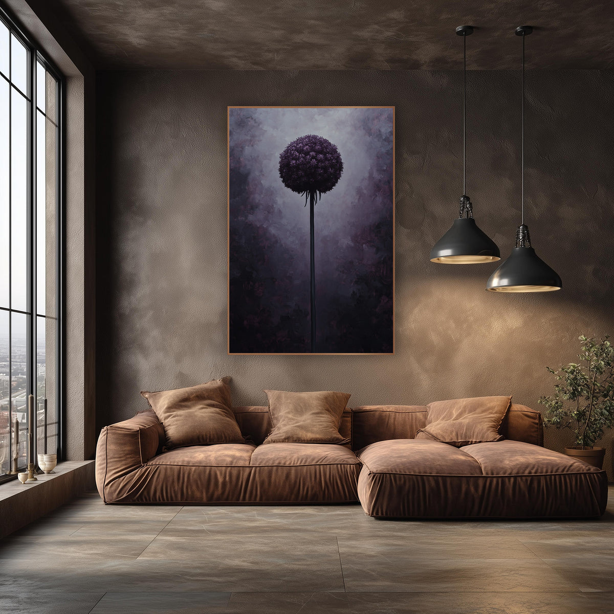Plum Allium Globe Moody Botanical wall art in an elegant modern room – single dark purple allium globe on a tall stem