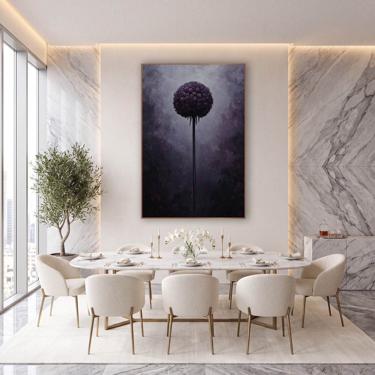 Plum Allium Globe Moody Botanical wall art in an elegant modern room – single dark purple allium globe on a tall stem