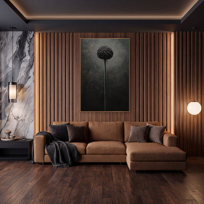 Dark Allium Globe Moody Botanical wall art in an elegant modern room – single round plum allium flower on a tall slim