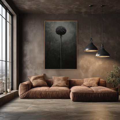Dark Allium Globe Moody Botanical wall art in an elegant modern room – single round plum allium flower on a tall slim