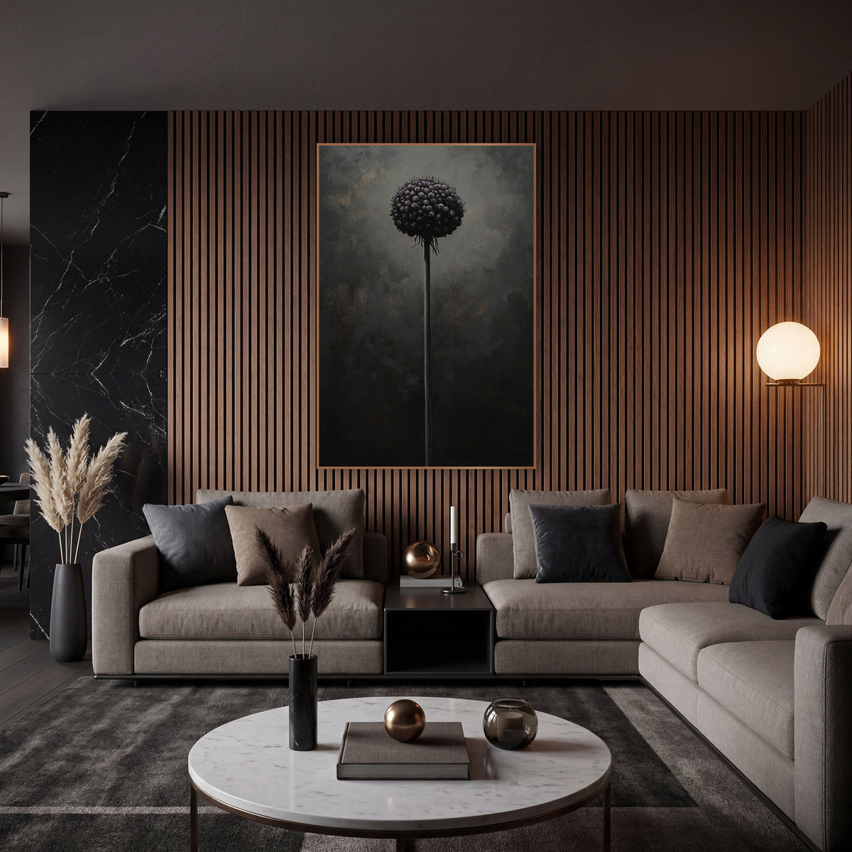 Dark Allium Globe Moody Botanical wall art in an elegant modern room – single round plum allium flower on a tall slim