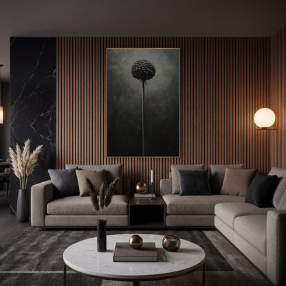 Dark Allium Globe Moody Botanical wall art in an elegant modern room – single round plum allium flower on a tall slim