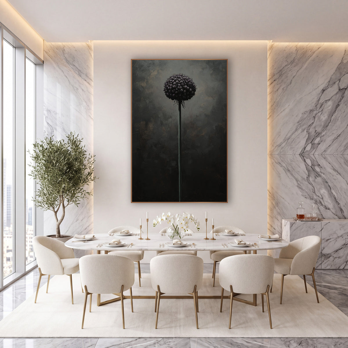 Dark Allium Globe Moody Botanical wall art in an elegant modern room – single round plum allium flower on a tall slim