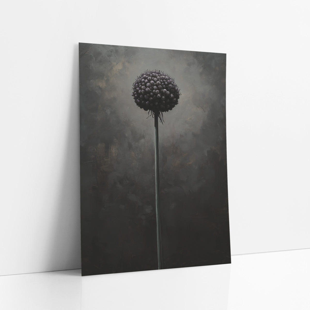 Dark Allium Globe Moody Botanical art print leaning against a white wall – single round plum allium flower on a tall slim