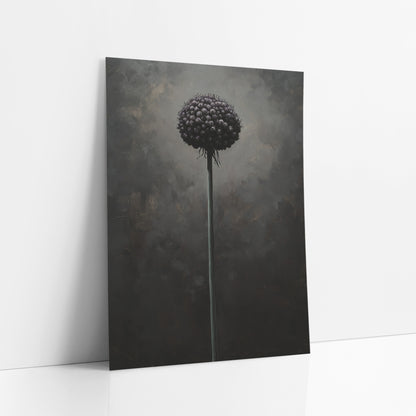 Dark Allium Globe Moody Botanical art print leaning against a white wall – single round plum allium flower on a tall slim