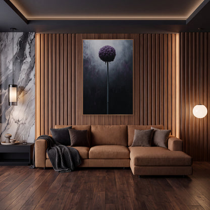 Midnight Purple Allium Globe Botanical wall art in an elegant modern room – round deep purple allium flower on a tall