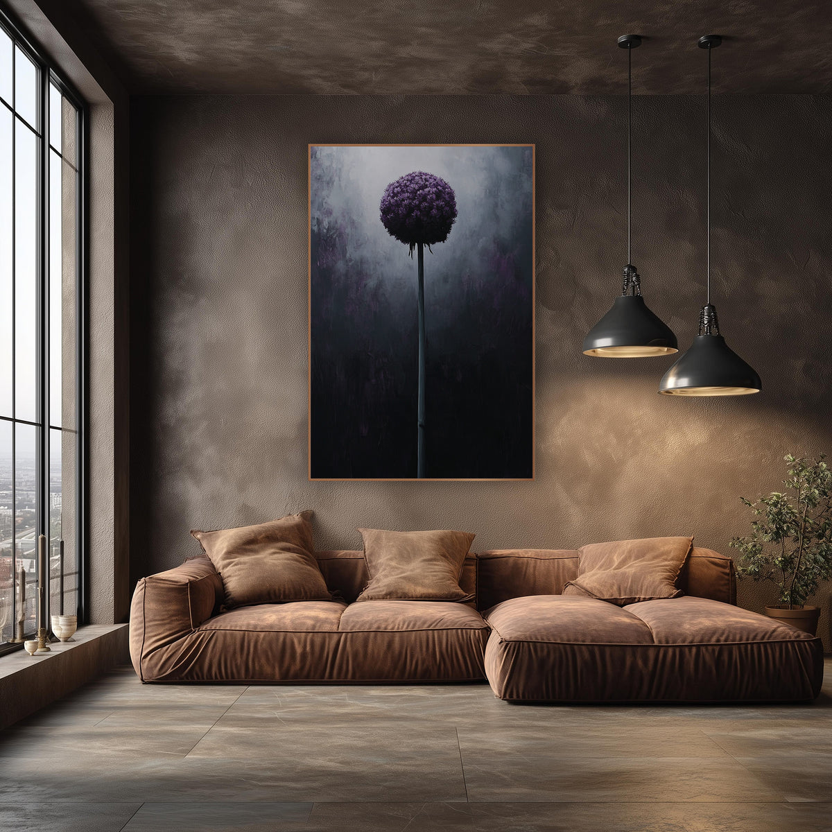 Midnight Purple Allium Globe Botanical wall art in an elegant modern room – round deep purple allium flower on a tall