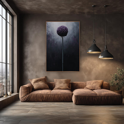 Midnight Purple Allium Globe Botanical wall art in an elegant modern room – round deep purple allium flower on a tall