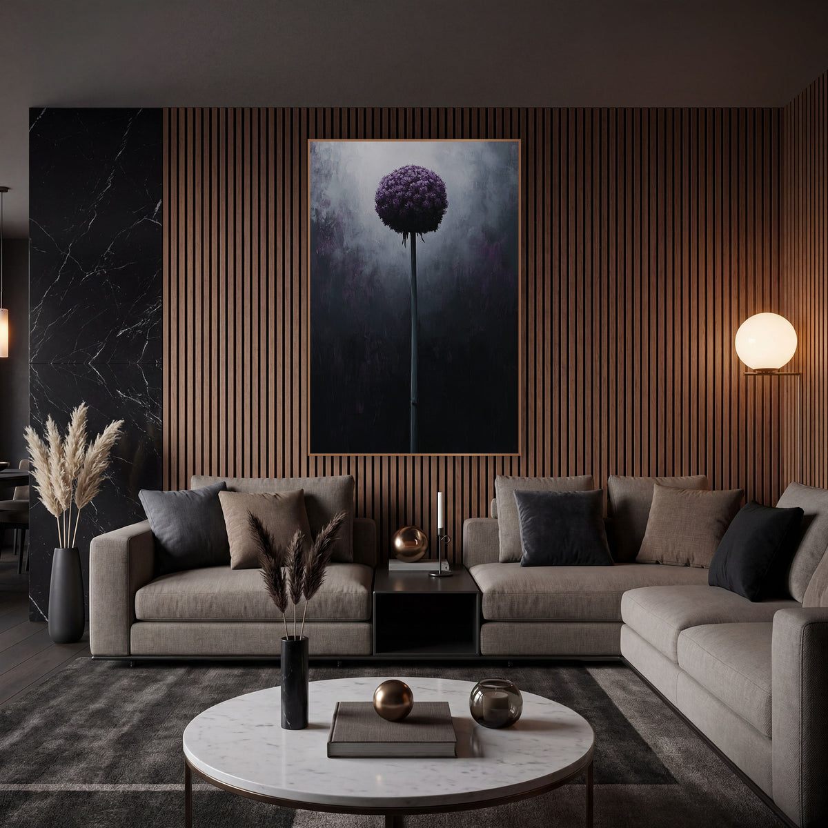 Midnight Purple Allium Globe Botanical wall art in an elegant modern room – round deep purple allium flower on a tall