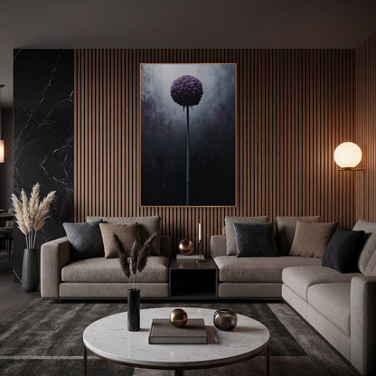 Midnight Purple Allium Globe Botanical wall art in an elegant modern room – round deep purple allium flower on a tall