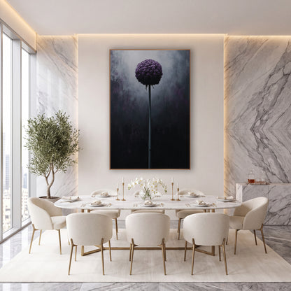 Midnight Purple Allium Globe Botanical wall art in an elegant modern room – round deep purple allium flower on a tall
